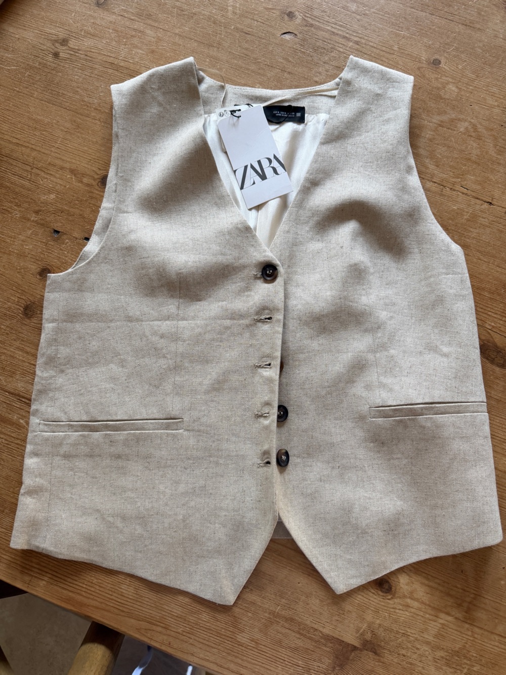 ZARA tan khaki/linen Button-Up Vest NWT